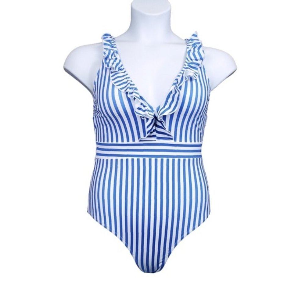 CupShe Womens Blue White Striped Ruffle Trim One Piece Swimsuit Size M NWT